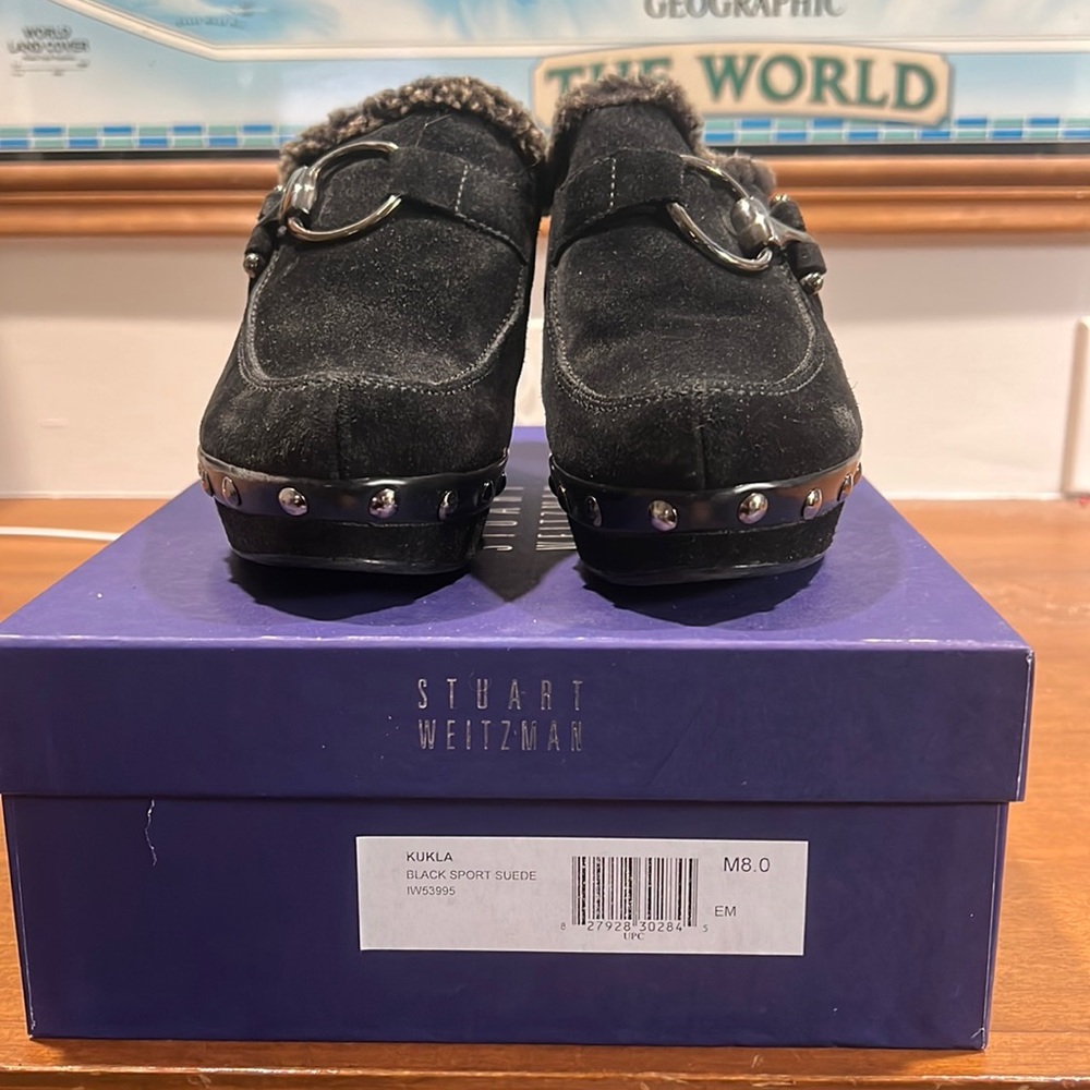 Stuart Weitzman Kukla. Size 8 Black suede, platform heel. Shearling lined.